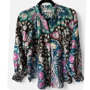 Mariacher Floral Paisley Silk Blend Ruffle Blouse Teal Purple Cottagecore Small